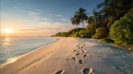 Footprints mark the white sand beach with palm trees and clear water under a blue sky during sunset