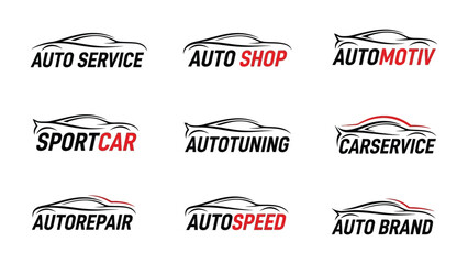Fototapeta premium Automotive Logo Collection: A collection of sleek, modern logos showcasing various automotive services and styles, perfect for branding and promotional materials in the automotive industry.