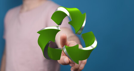 Person interacting with a 3D recycling symbol.  Concept for sustainability, eco-friendly solutions.