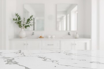 Marble surface countertop with blurred backdrop, ideal for product mockups or design presentations