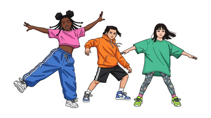 Dynamic Dance Crew: A vibrant illustration of a multiethnic dance crew. expressing a story of freedom, rhythm, and movement. capturing pure energy.