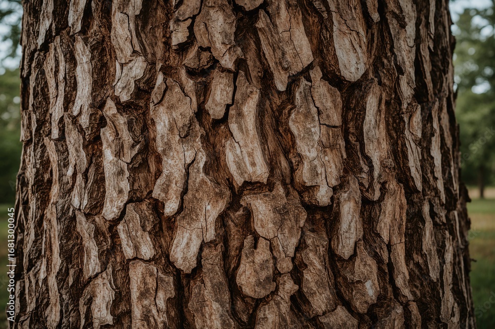 Poster close-up view of a massive tree trunk featuring aged cracks