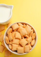 Corn pads with breakfast filling on a colored background close up. Vertical photo format