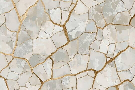 Seamless pattern of irregular mosaic with golden cracks and ornamental design in soft pastel tones