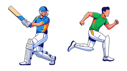 Dynamic Duo: Capturing the essence of cricket, this illustration features a batsman ready to strike the ball with precision alongside a dynamic fielder racing to catch the ball.