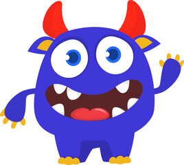Cartoon cute monster with funny face expression waving hands. Halloween vector illustration 