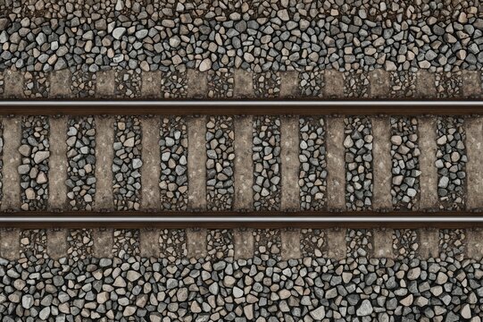 Endless train track design with room for text, aerial perspective. Gleaming steel rails and sturdy concrete ties, connected by robust bolts on rocky terrain, covered with dense rubble and vegetation.