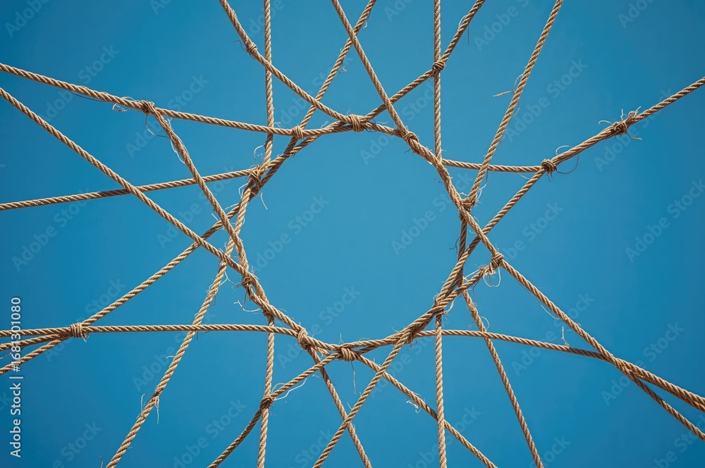 Poster a network of intertwined ropes creating a circular framework symbolizing teamwork and unity in a pro