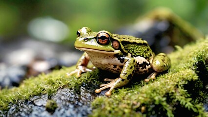 Obraz premium Vivid spotted frog on a moss-covered log in its natural, lush environment.