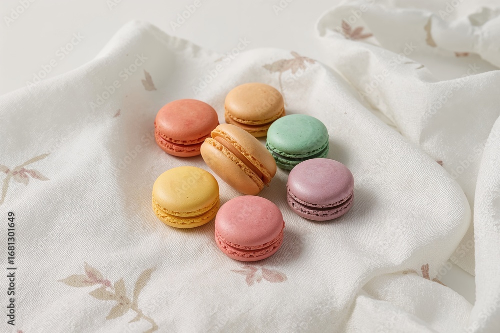 Poster assorted colorful macarons displayed on a patterned fabric napkin