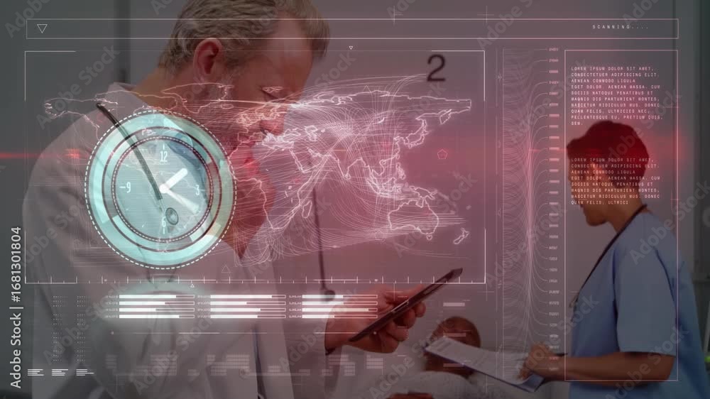 Poster animation of clock with data processing and world map over diverse doctors