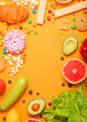 healthy foods and unhealthy foods on a colored background close-up top view.. Vertical photo format