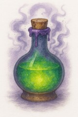 Watercolor illustration of a glowing green magic potion in a glass bottle with cork and purple wax seal, mystical fantasy elixir art isolated on white.