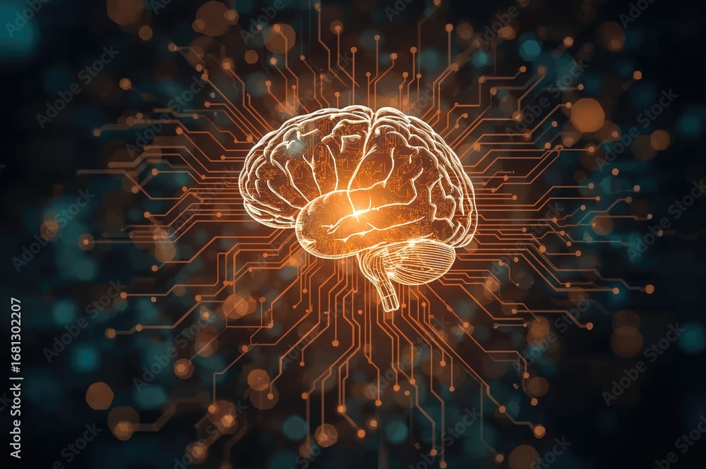 Poster illuminated digital brain hologram combined with circuit patterns on a soft-focus, colored backdrop.