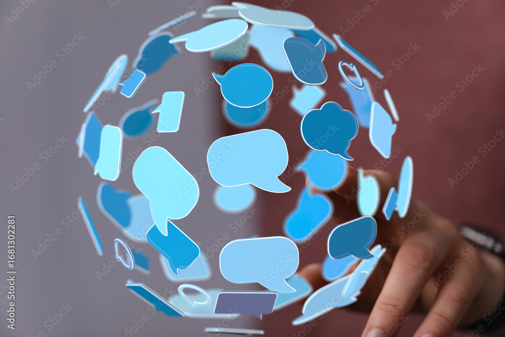 Poster abstract image of a hand interacting with a sphere of communication bubbles. perfect for social medi