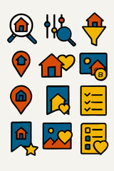 This vibrant collection of modern flat design icons illustrates various digital aspects of real estate, property search, home location, and favorite listings.