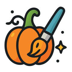 Fallthemed design element featuring a pumpkin with a cheerful expression being painted, ideal for halloween and autumnthemed graphics.