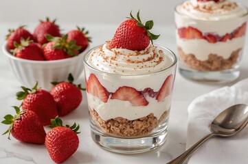Strawberry tiramisu dessert featuring mascarpone, whipped cream, savoyardi crumbs, and fresh berries served in a glass on marble surface. Easy recipe for a berry trifle, cheesecake, or pudding.