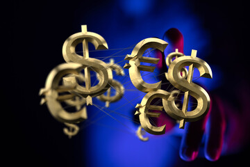 3D rendering of dollar and euro symbols interconnected, representing global finance and currency...