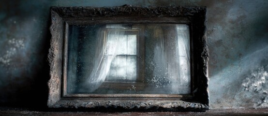 Reflective window frame in an old room setting