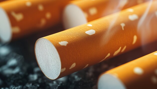 Detailed Close-Up Of Smoking Cigarettes And Cigarette Filter Tubes, Capturing Every Detail And Texture Of The Cigarette Filters.