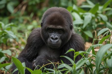 Obraz premium One of the rarest creatures on Earth: the Mountain Gorilla. A twin infant from the Susa Group, observed in their natural mountain habitat.