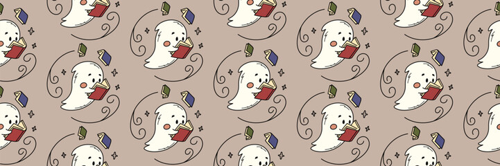 Seamless ghost pattern with books, ideal for library promotions or fun educational materials.
