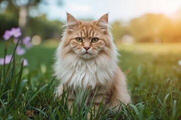 Charming close-up of an adorable feline with greenery behind it