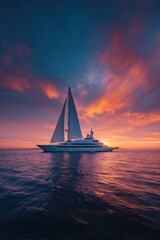 Sailing yacht cruising at sunset, luxury vessel in open ocean, dramatic sky, cinematic view, lifestyle