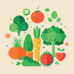 Minimalist flat design illustration of fresh organic vegetables carrot, broccoli, tomato, cucumber on a white background.