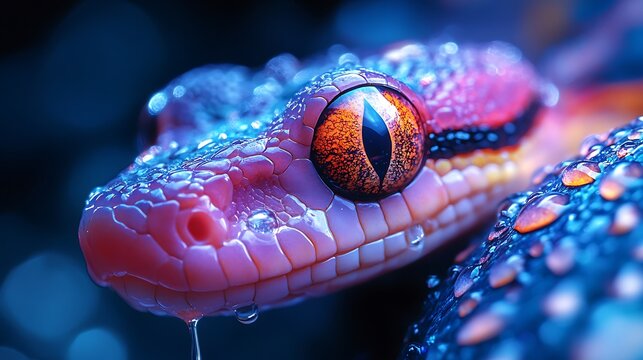 Close up photo of a vibrant snake with bright orange eyes and water droplets