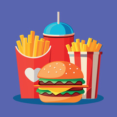 Realistic vector illustration of delicious fast food combo – burger, fries, and soda with vibrant colors.