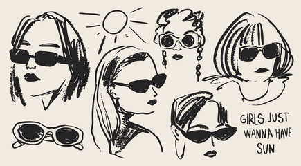 Stylish ladies in various Sunglasses. Cute characters. Sketchy, grunge style. Hand drawn modern Vector illustration. Isolated design elements. Summer fashion accessories, sun protection concept