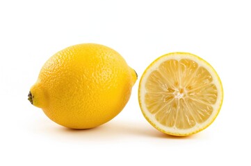 Sliced and Whole Citrus Fruit Displayed on a White Surface, Vibrant and Moist Lemons, Variety, Assortment