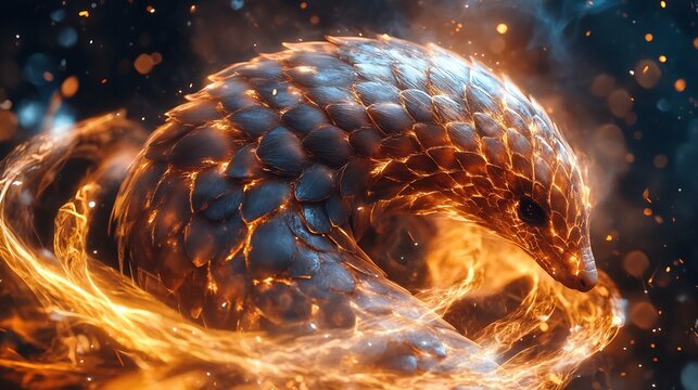 A pangolin curled up in a defensive position surrounded by glowing embers and a dark background - Powered by Adobe