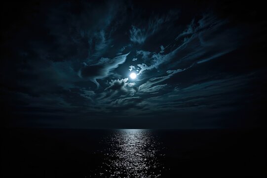 Night sky illuminated by the moon with clouds over the ocean