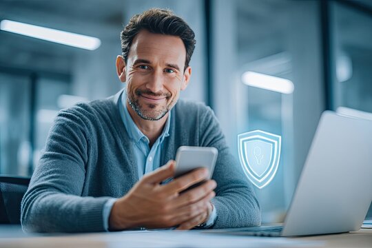 Smiling man in office, holding phone, laptop visible