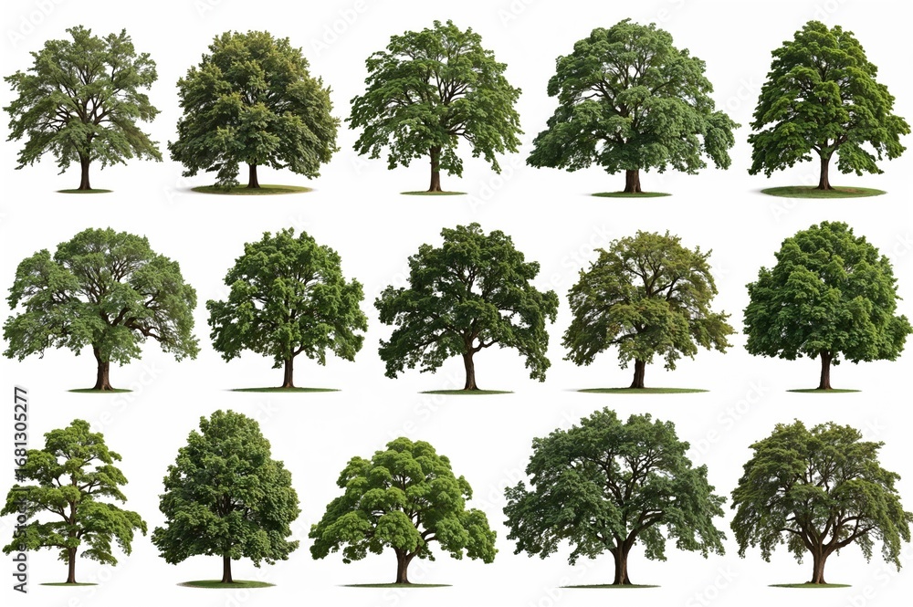 Poster set of separate trees on a white backdrop, ideal for architectural projects and decorative purposes,