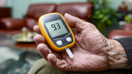Close-up of an elderly hand holding a glucometer with a reading of 9.3. Ideal for healthcare, diabetes awareness, and medical concepts.