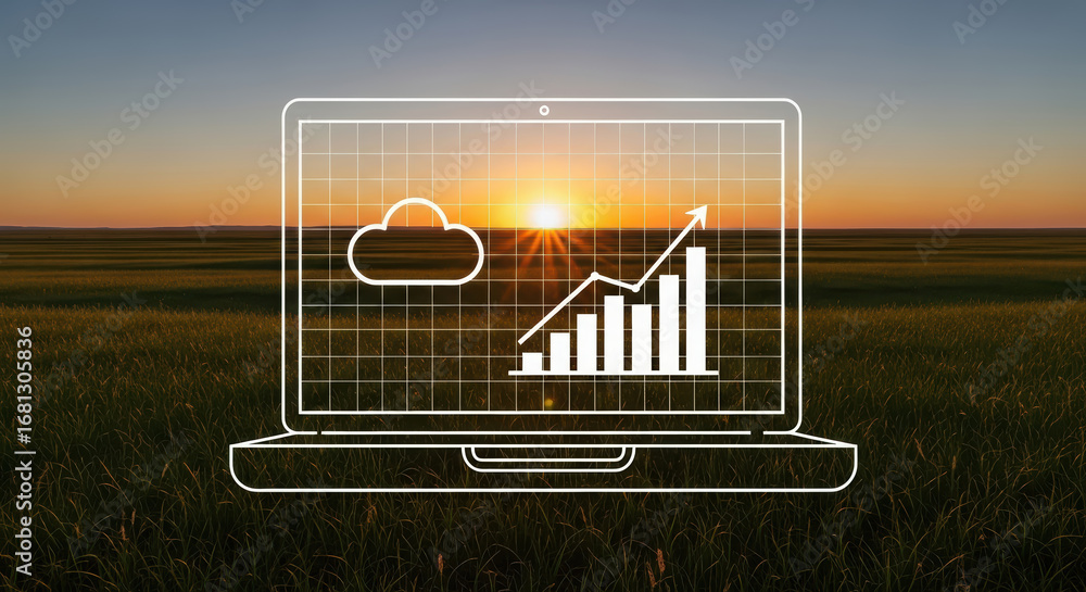 Poster laptop displaying growth chart and cloud icon against a sunset backdrop over a grassy field, symboli