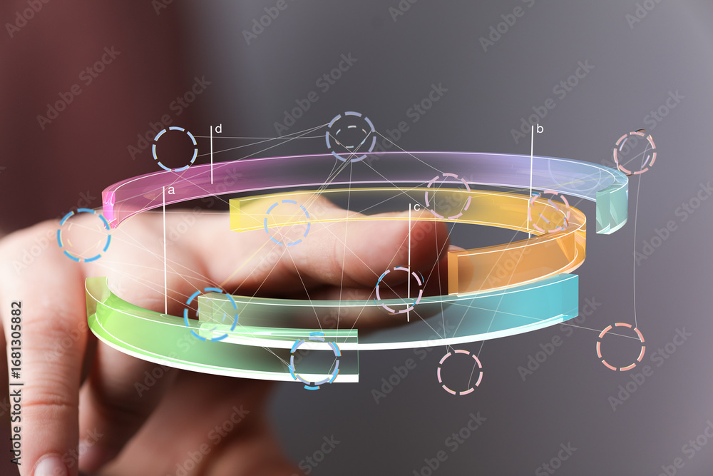 Aufkleber abstract image of hand interacting with colorful 3d data. futuristic technology, digital concept.