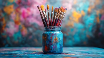 Colorful paint brushes in a glass jar artistic and creative photo composition