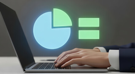 Hands of a business professional typing on a laptop, with digital pie chart and bar graph overlay, illustrating data analysis and modern technology in a professional environment