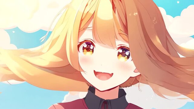 bright anime girl with golden hair smiling under clear blue sky with fluffy clouds, vibrant and cheerful illustration. adorable portrait of young woman