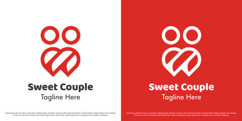 Dating logo design vector illustration. Silhouette of a couple embracing with hearts people. Simple icon symbol of abstract romance.