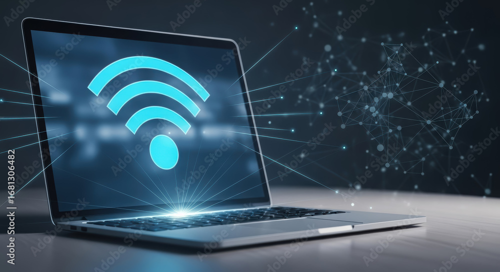 Poster laptop displaying wireless connectivity symbol with glowing effects, representing modern technology 