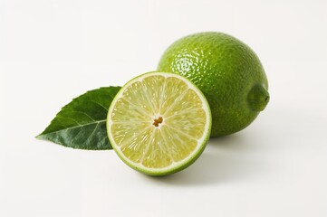 Freshly sliced lime halves with vibrant green leaves on a white backdrop