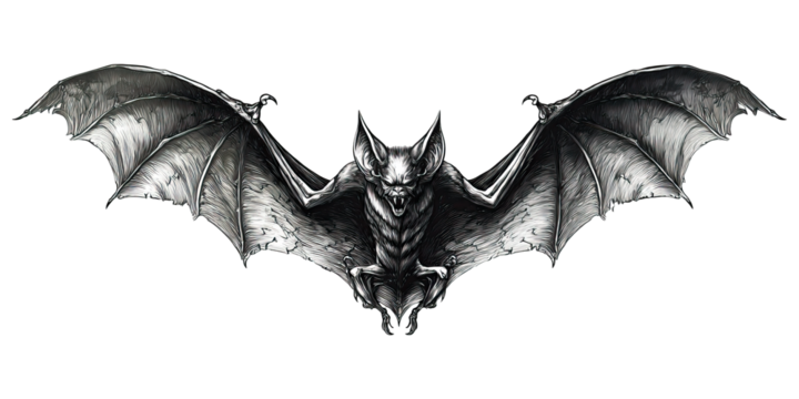 Wing flap motion of flying bat in flight captured concept. A detailed illustration of a bat with intricate wings.