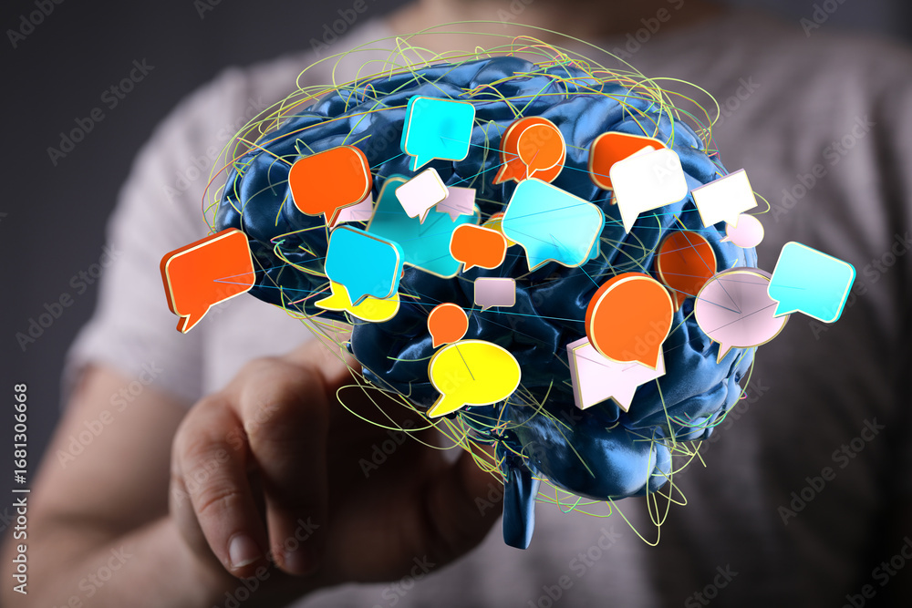 Poster abstract image of a brain with colorful speech bubbles, symbolizing communication, ideas, and though