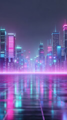 Naklejka premium Futuristic cityscape with neon lights reflecting wet surface, glowing skyscrapers vibrant pink and blue hues create surreal cyberpunk atmosphere